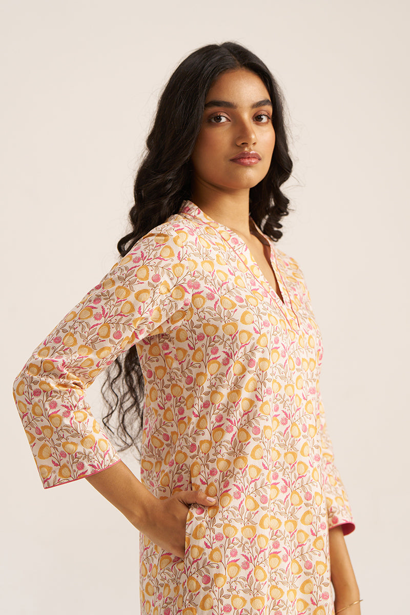Women's Mustard and Cream Printed Cotton kurta