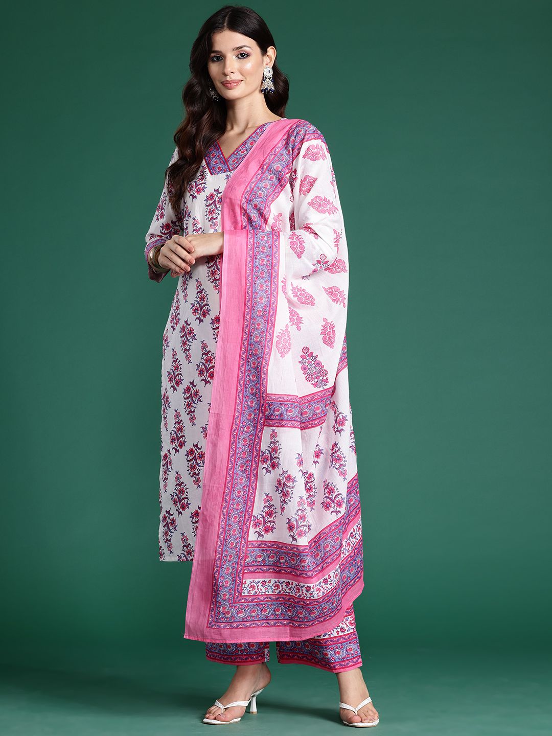 Dhiyona IE Floral Printed Pure Cotton Kurta With Palazzos & Dupatta