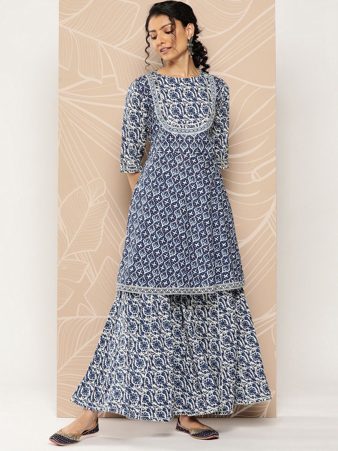 Dhiyona VA Women'sEthnic Motifs Printed Pleated Gotta Patti Pure Cotton Kurti With Sharara