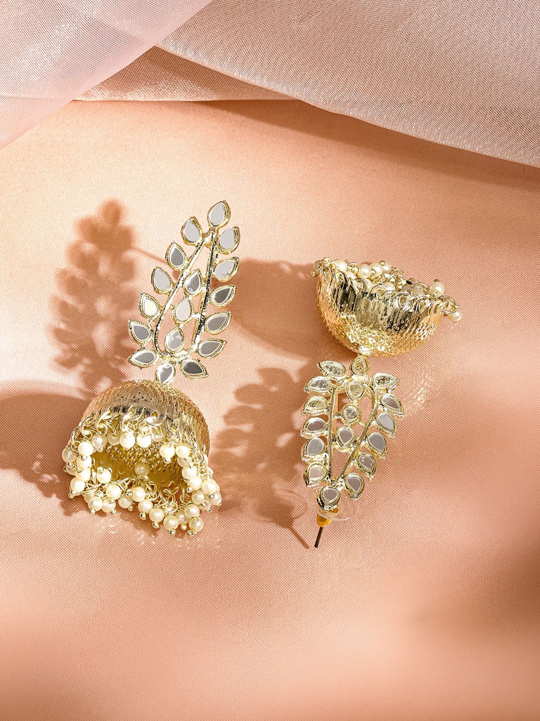 Dhiyona RJ Women's 18K Gold Plated Mirror Studded & Pearl Beaded Jhumkas Earrings