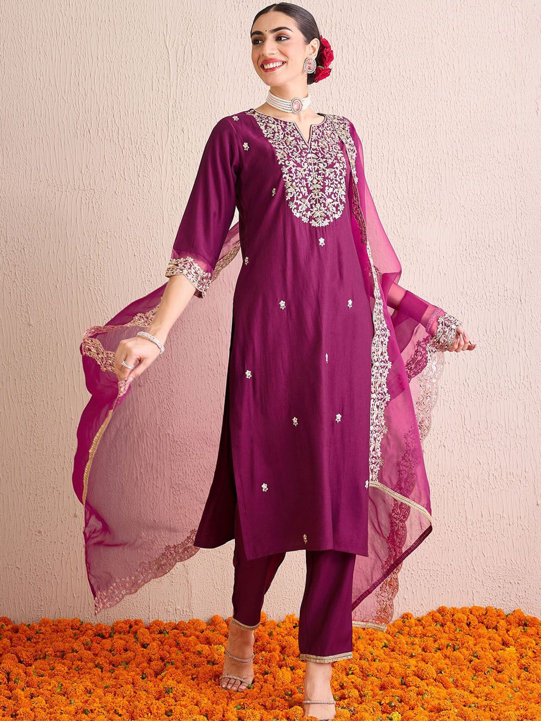Dhiyona IE Women Floral Embroidered Regular Sequinned Liva Kurta with Trousers & With Dupatta