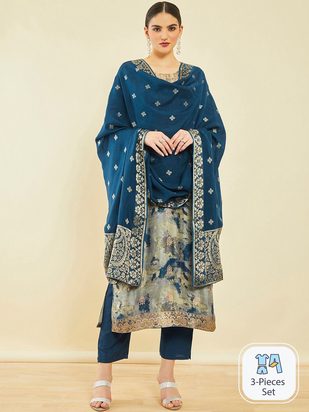 Dhiyona SO Women's Printed Beads And Stones Kurta With Trousers & Dupatta