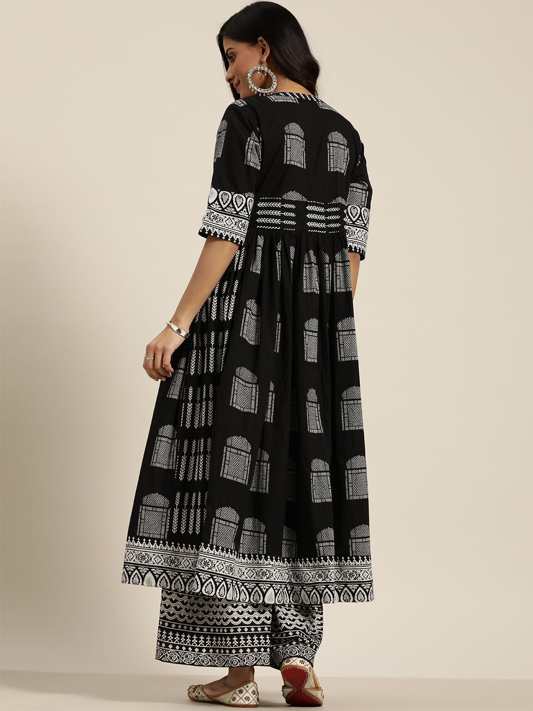 Dhiyona SN Women's Black & White Ethnic Motifs Printed Pure Cotton Kurta with Sharara
