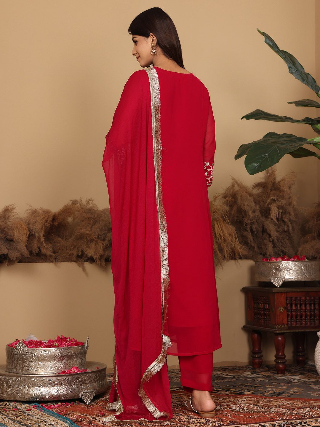 Dhiyona VA Women'sMagenta Floral Embroidered Panelled Silk Georgette Kurta With Trouser With Dupatta