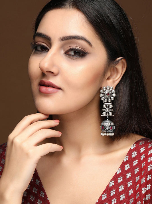 Dhiyona RJ Women's Oxidised Silver-Plated Jhumka Earrings with Ruby Red Stones and White Pearl Beads