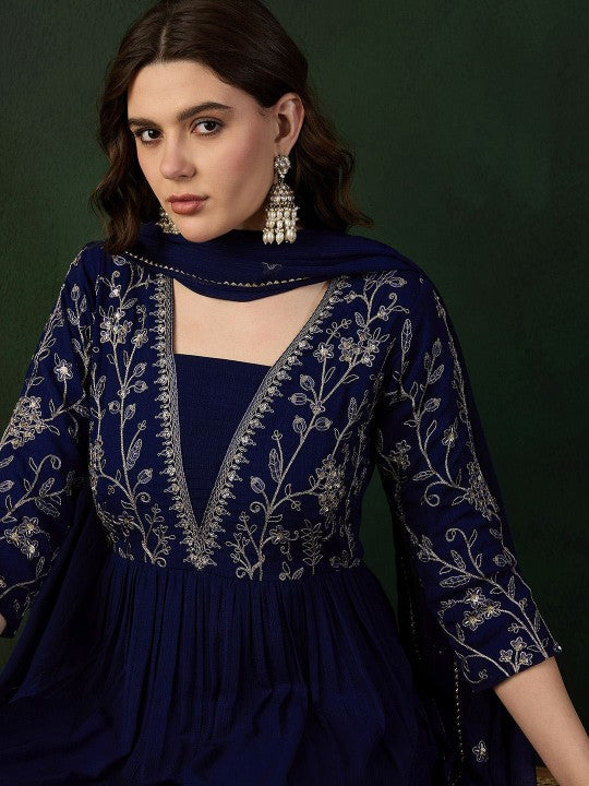 Women's Navy Blue Ethnic Motifs Embroidered A-Line Kurta With Trouser & Dupatta