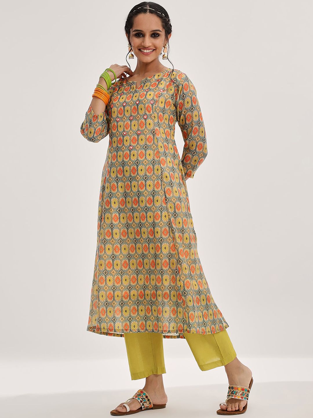 Dhiyona VA Women'sLime Green Ethnic Motifs Printed Mirror Work A-Line Kurta & Trousers With Dupatta