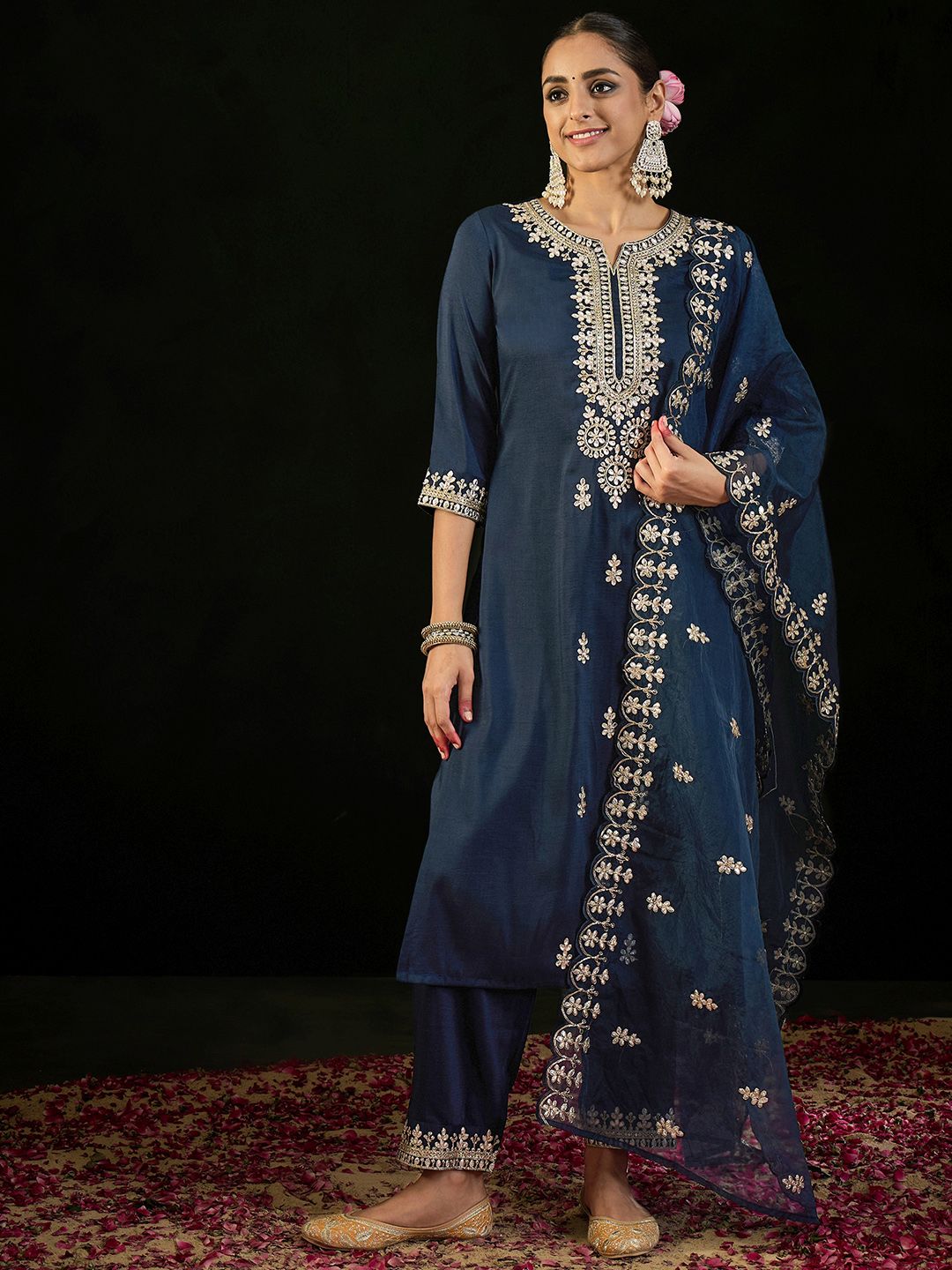 Dhiyona IE Notched Neck Ethnic Motifs Embroidered Gotta Patti Kurta with Trouser & Dupatta