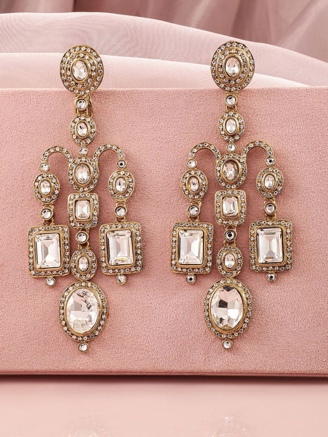 Dhiyona RJ Women's 22K Mehandi Gold-Plated Crystal White Cubic Zirconia Studded Chandelier Earrings