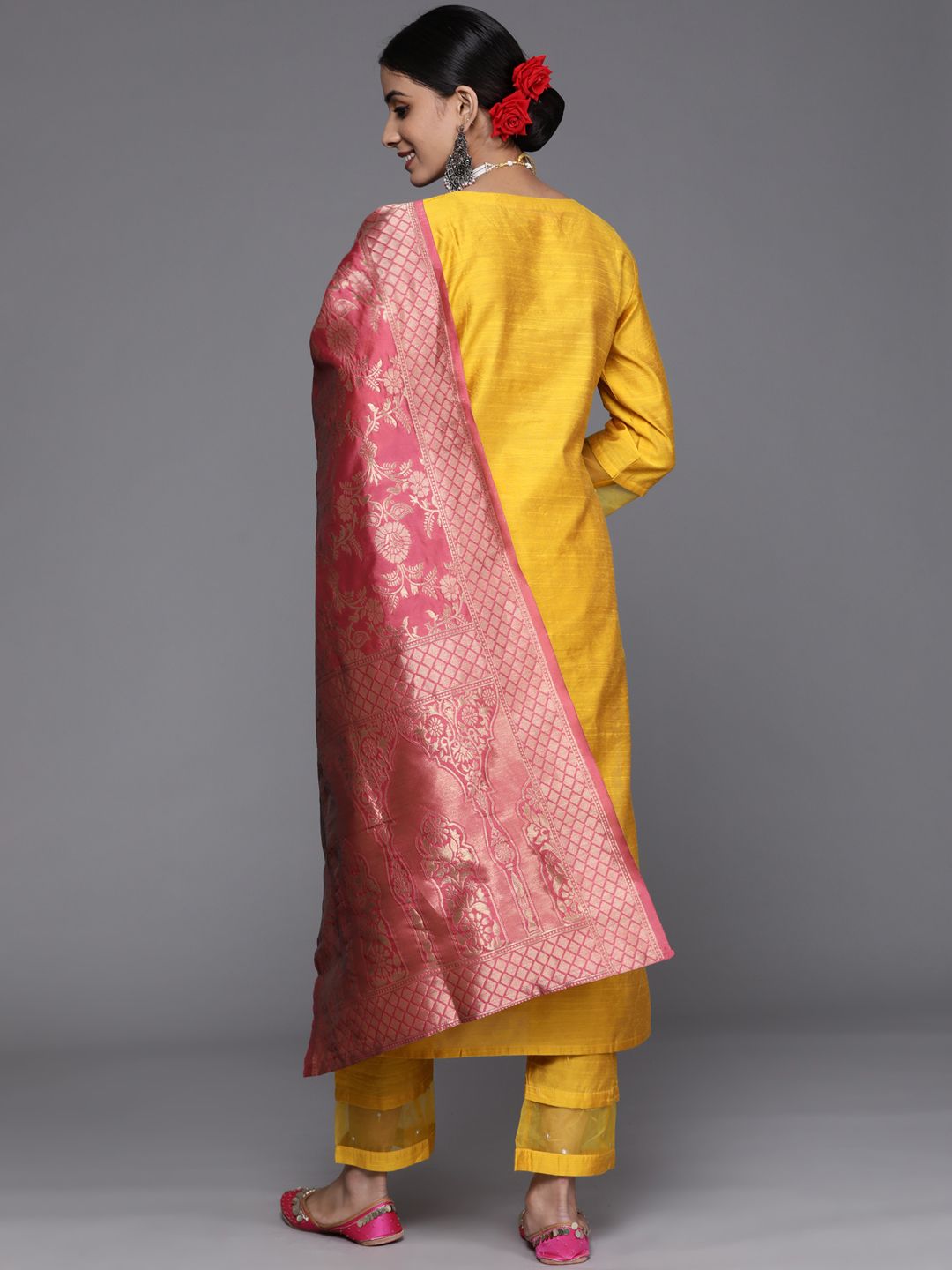 Dhiyona VA Women's Mustard Yellow & Pink Yoke Design Kurta with Trousers & Dupatta