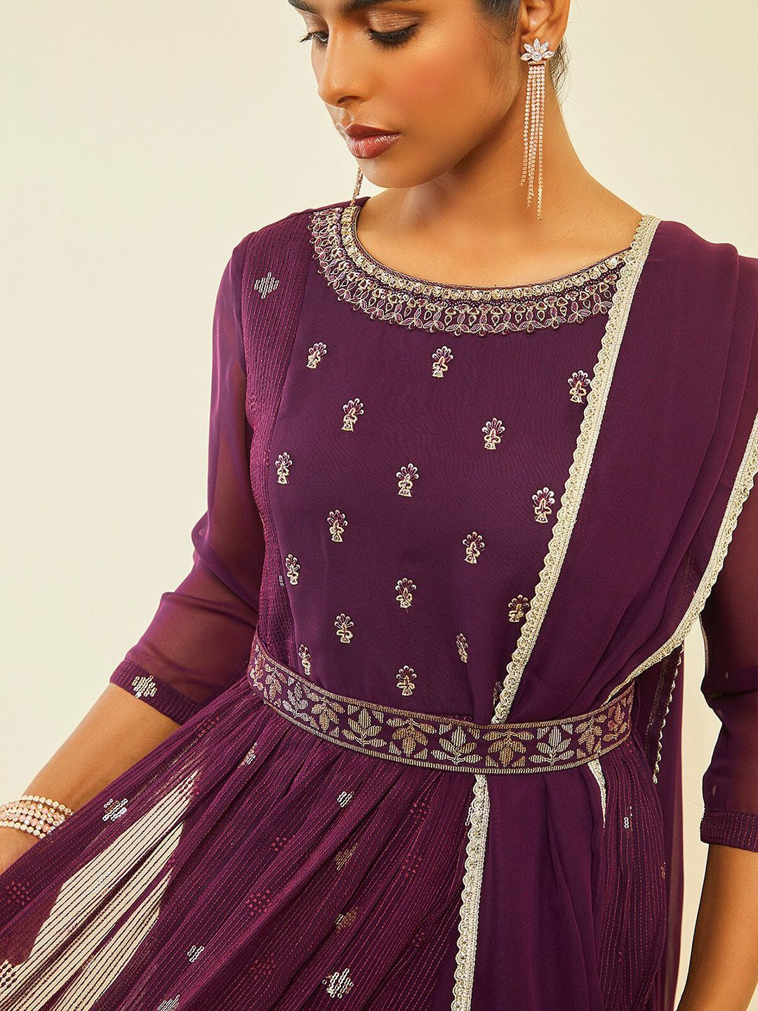 Dhiyona SO Women's Ethnic Motifs Embroidered Regular Sequinned Kurta With Palazzos & Dupatta
