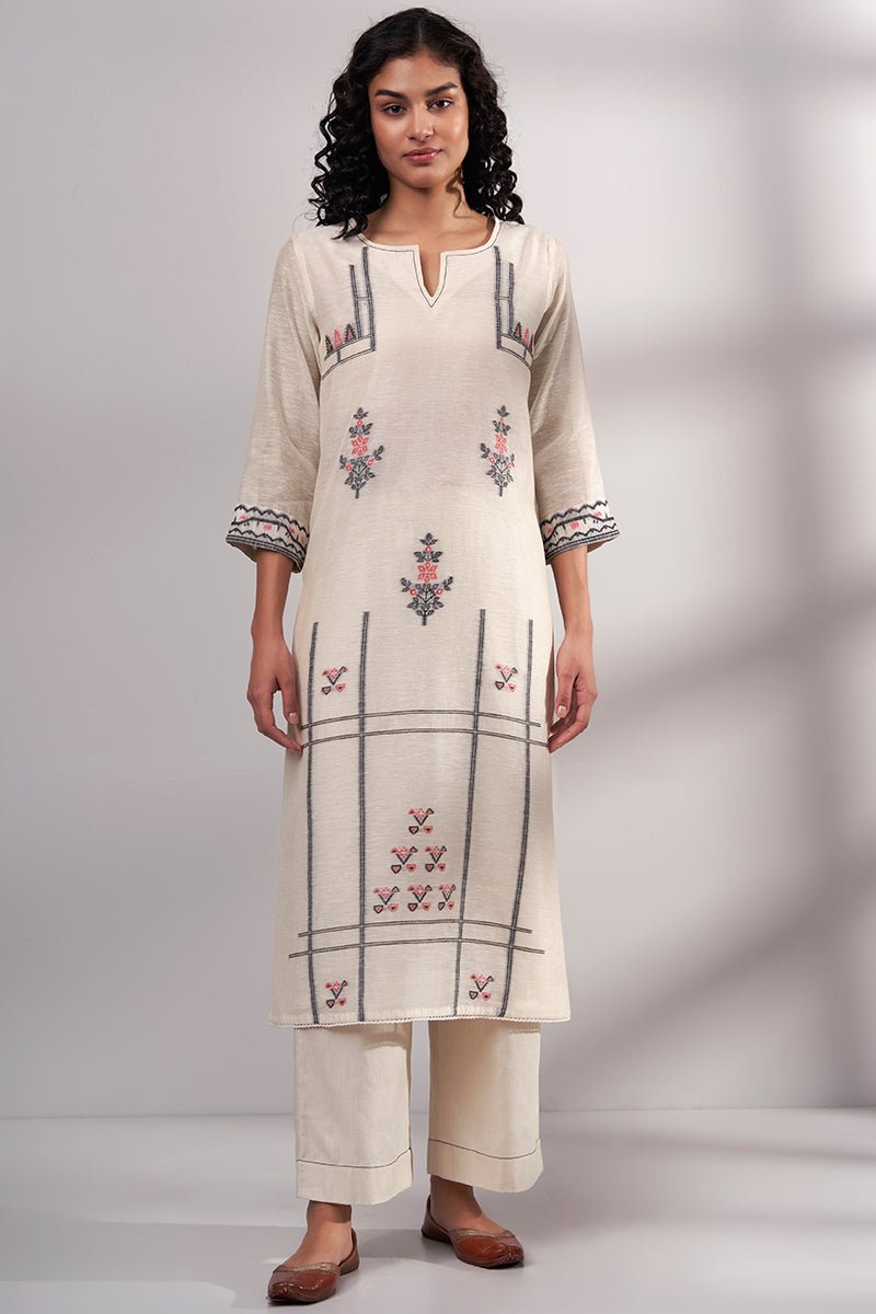 Women's Cream Woven Cotton Linen Kurta With Cotton Bottom