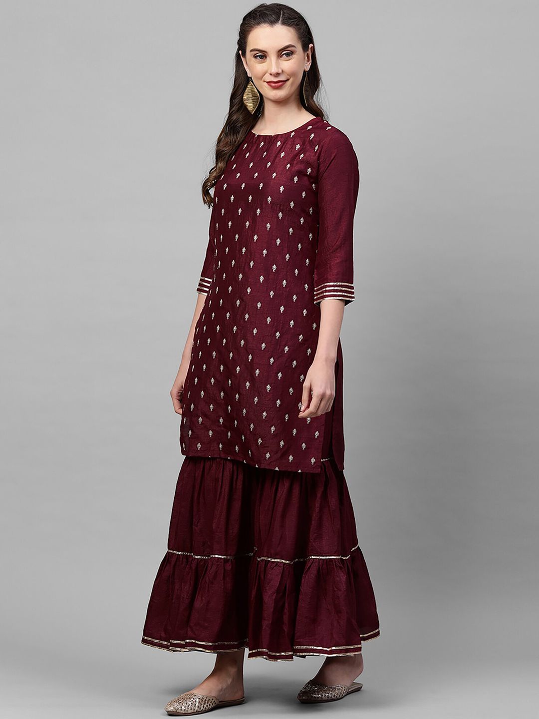 Dhiyona IE Women Burgundy Embroidered Kurta with Sharara