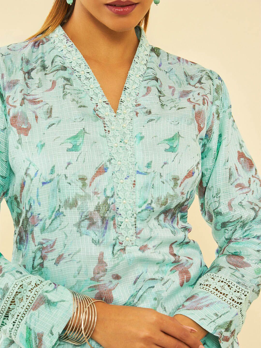 Dhiyona SO Women's Floral Printed V-Neck Beads and Stones Straight Kurta with Trousers