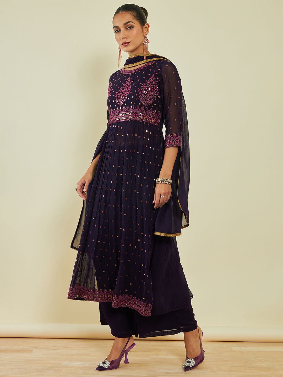 Dhiyona SO Women's Ethnic Motifs Embroidered Sequined Kurta with Palazzos & Dupatta