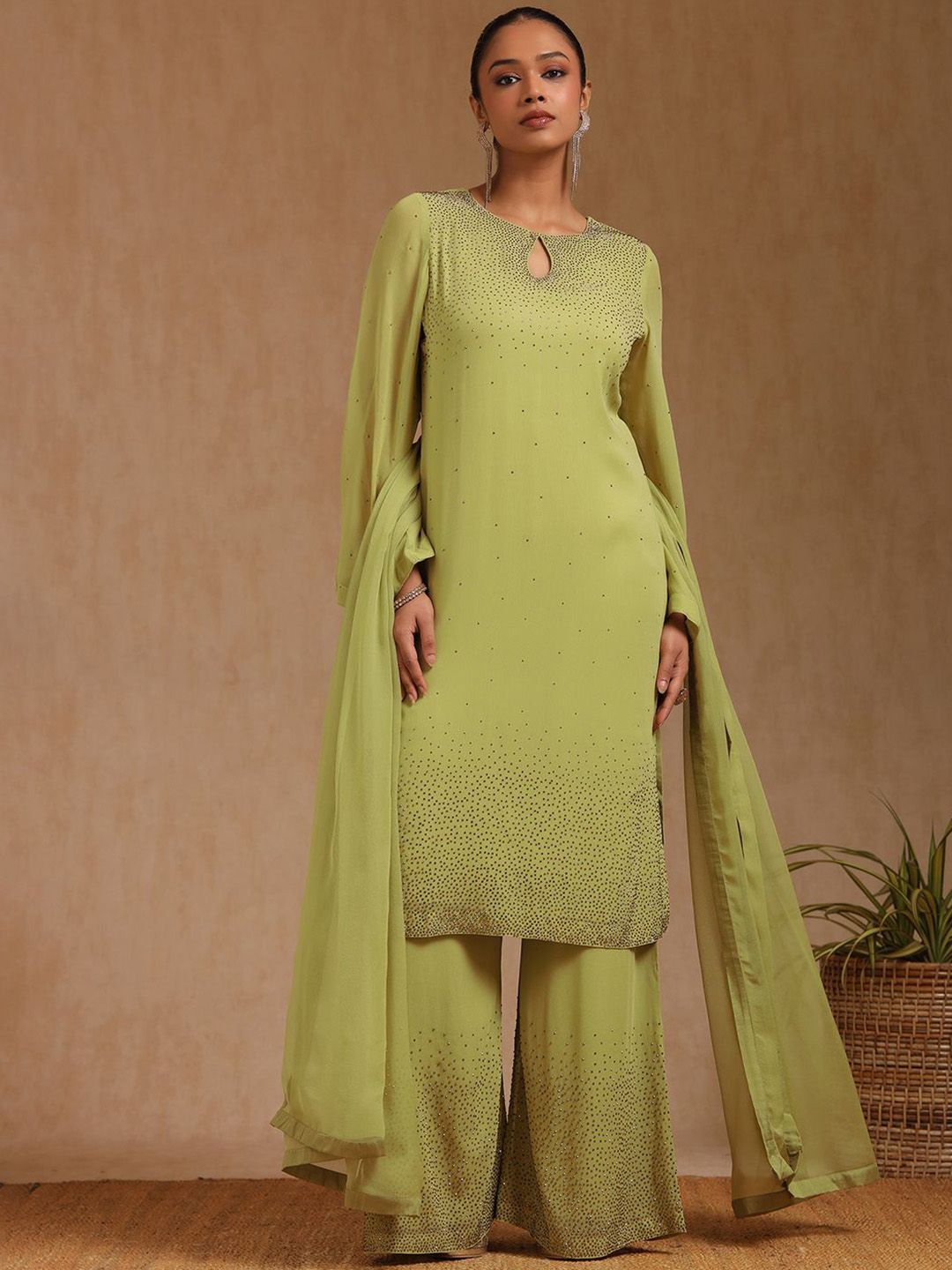 Dhiyona SO Women's Ethnic Motifs Embroidered Beads and Stones Straight Kurta With Palazzos & Dupatta