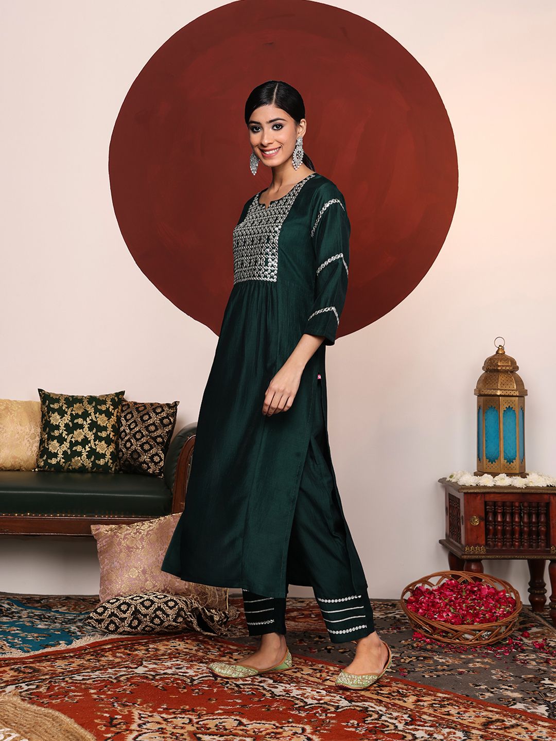 Dhiyona VA Women's Green Yoke Design Mirror Work Kurta with Trousers & Dupatta
