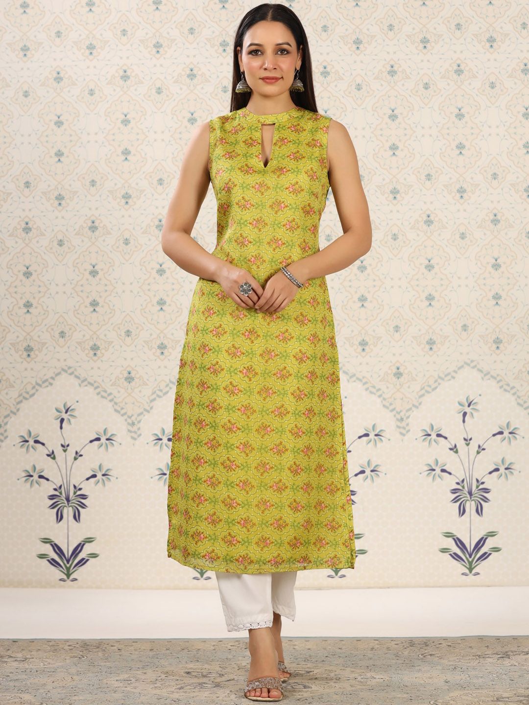 Dhiyona OD Green Floral Printed Keyhole Neck Straight Kurta