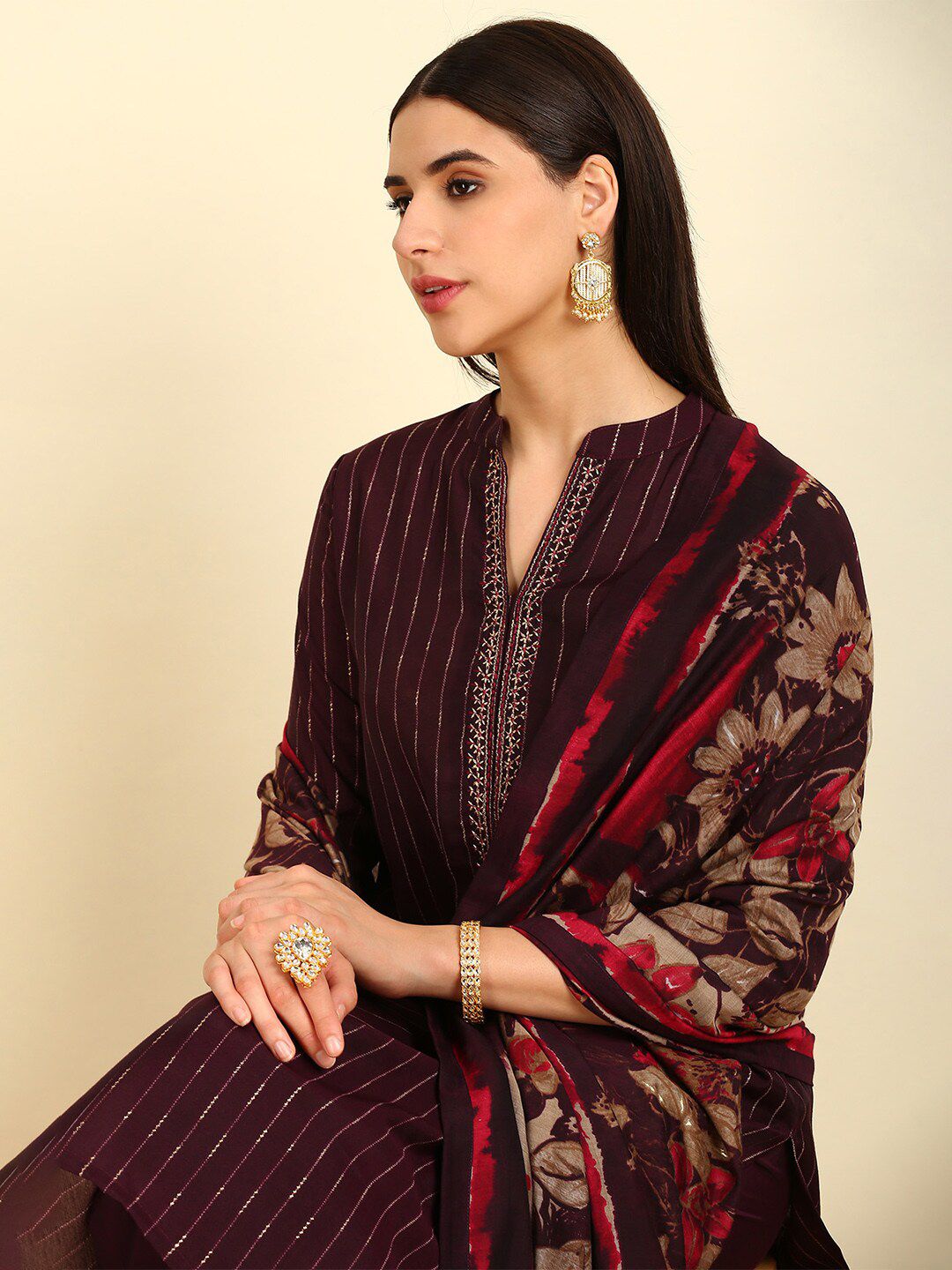 Dhiyona SO Women's Striped Regular Kurta With Palazzos & Dupatta