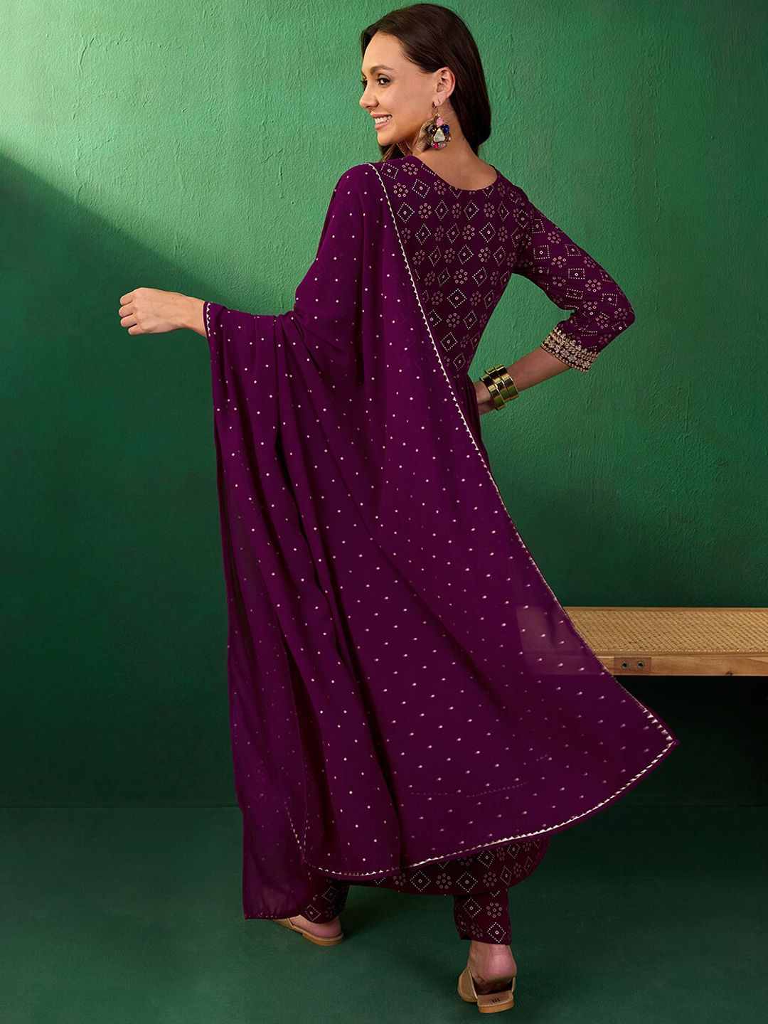 Dhiyona SN Women's Bandahni Printed Embroidered Anarkali Kurta & Trousers With Dupatta