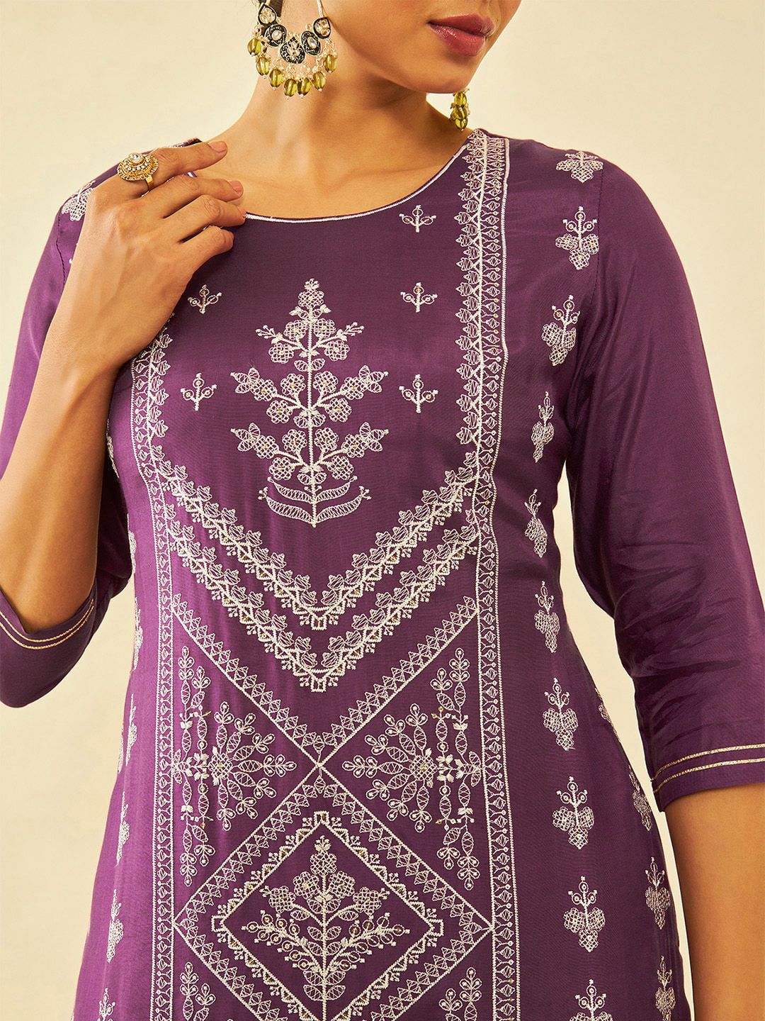 Dhiyona SO Women's Purple Ethnic Motifs Embroidered Regular Sequinned Kurta with Palazzos