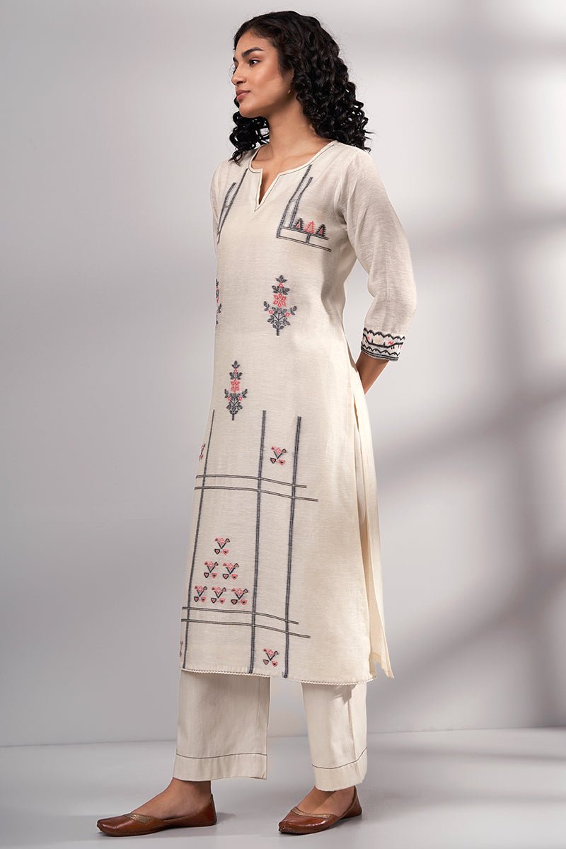 Women's Cream Woven Cotton Linen Kurta With Cotton Bottom