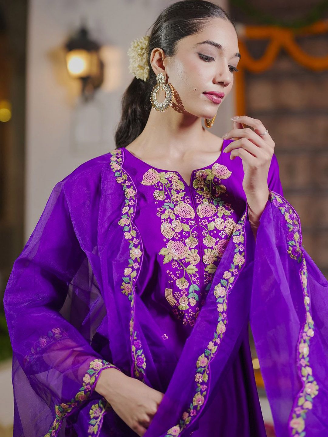 Dhiyona IE Floral Embroidered Sequinned Liva Kurta With Trousers & Dupatta