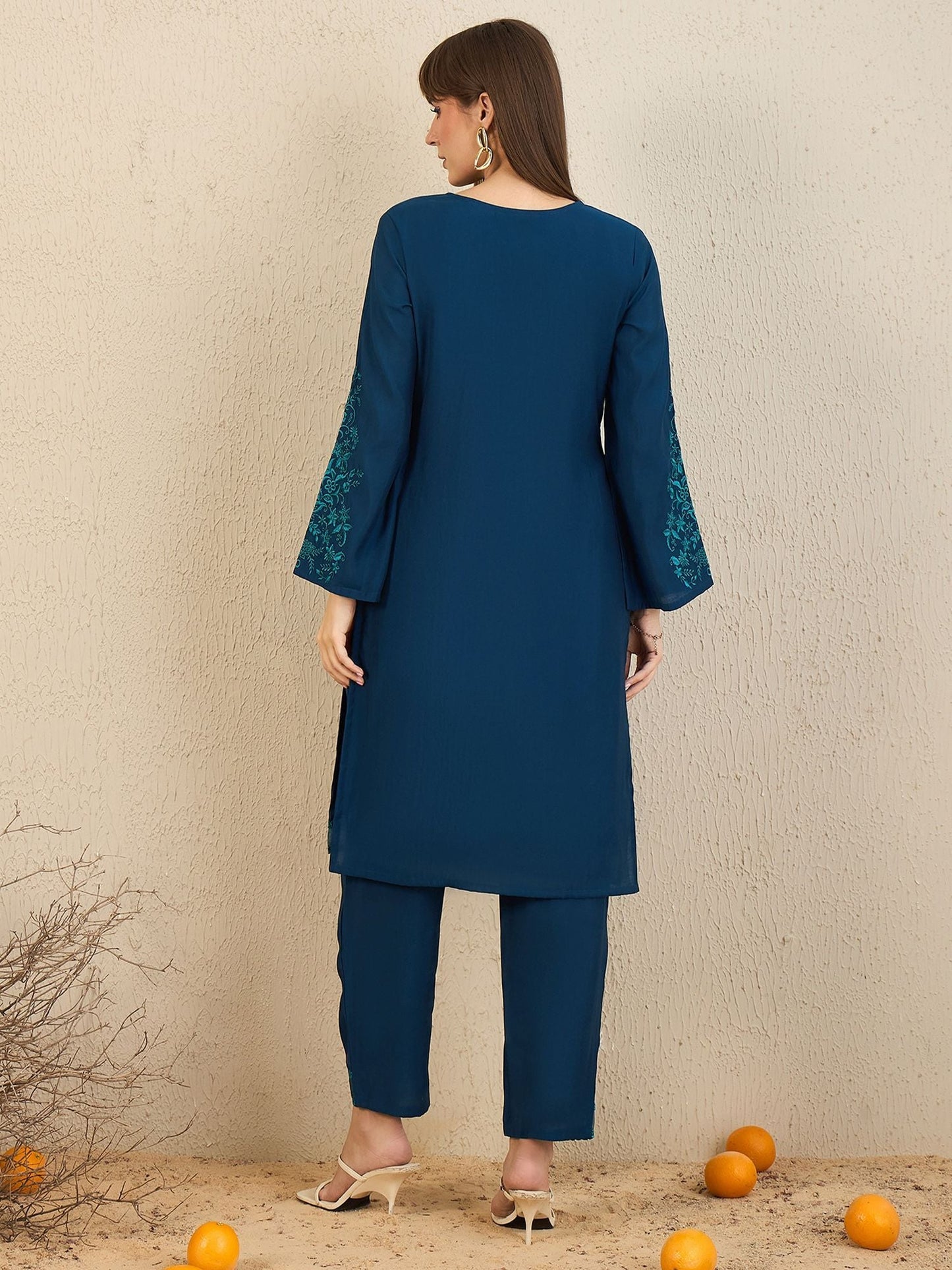 Dhiyona IE Ethnic Motifs Embroidered Flared Sleeves Notch Neck Straight Kurta with Trousers