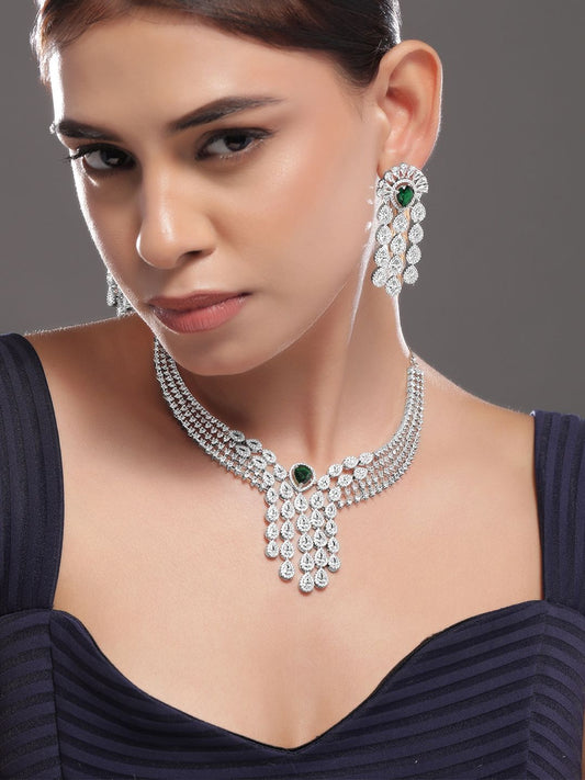 Dhiyona RJ Women's Silver-Plated EmeraldGreen & White CubicZirconia Multilayer Luxurious Jewellery Set
