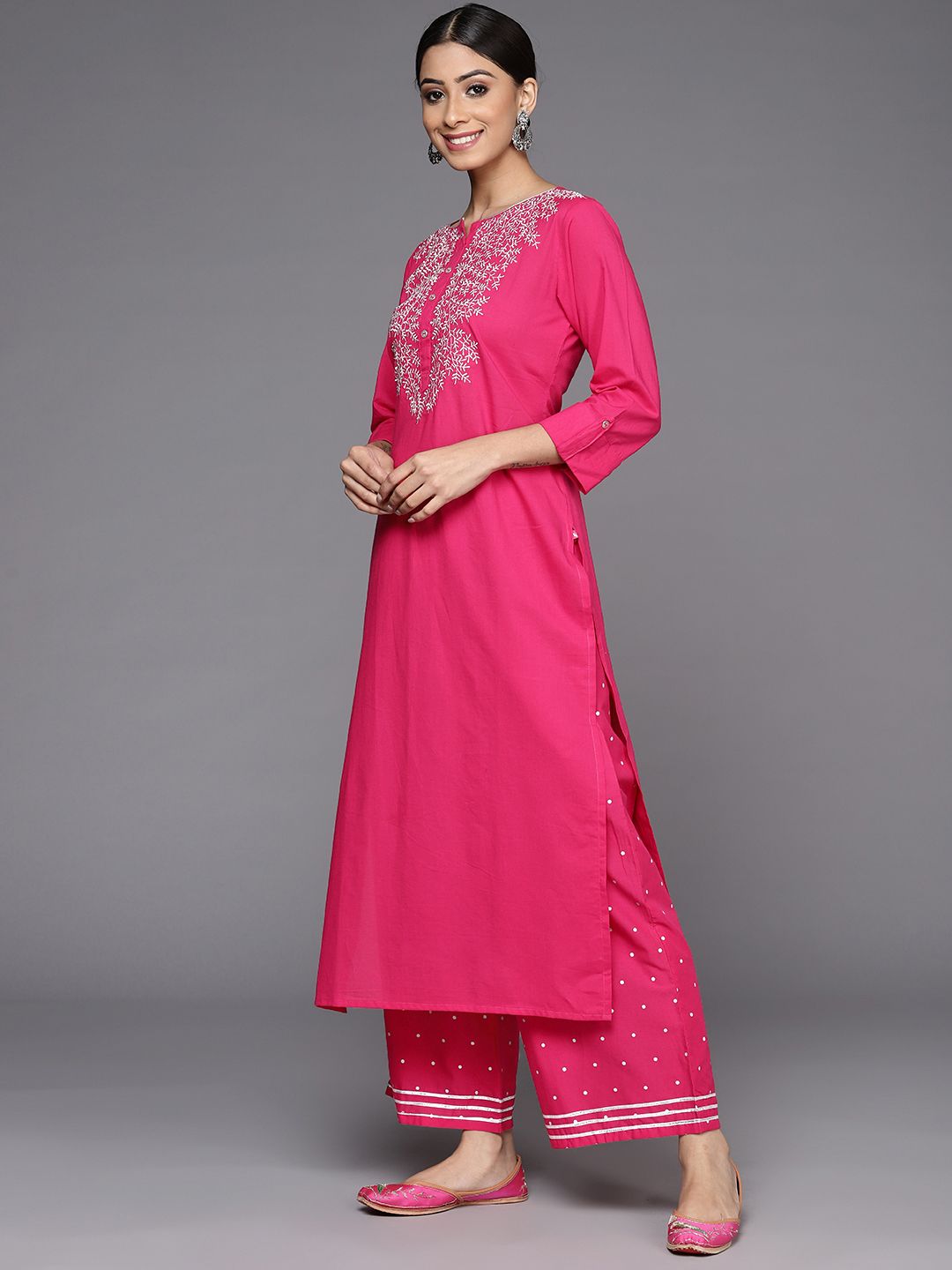 Dhiyona VA Women's Fuchsia Pink Ethnic Motifs Pure Cotton Kurta with Palazzos & With Dupatta