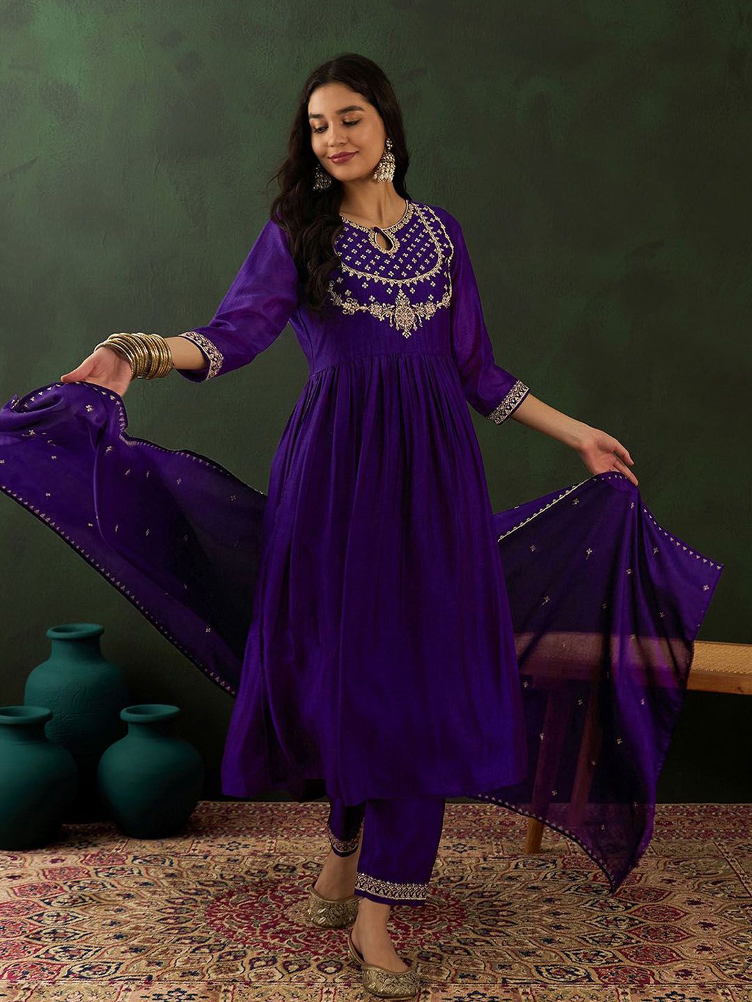 Dhiyona SN Women's Purple Ethnic Motifs Embroidered Keyhole Neck A-Line Kurta With Trouser & Dupatta