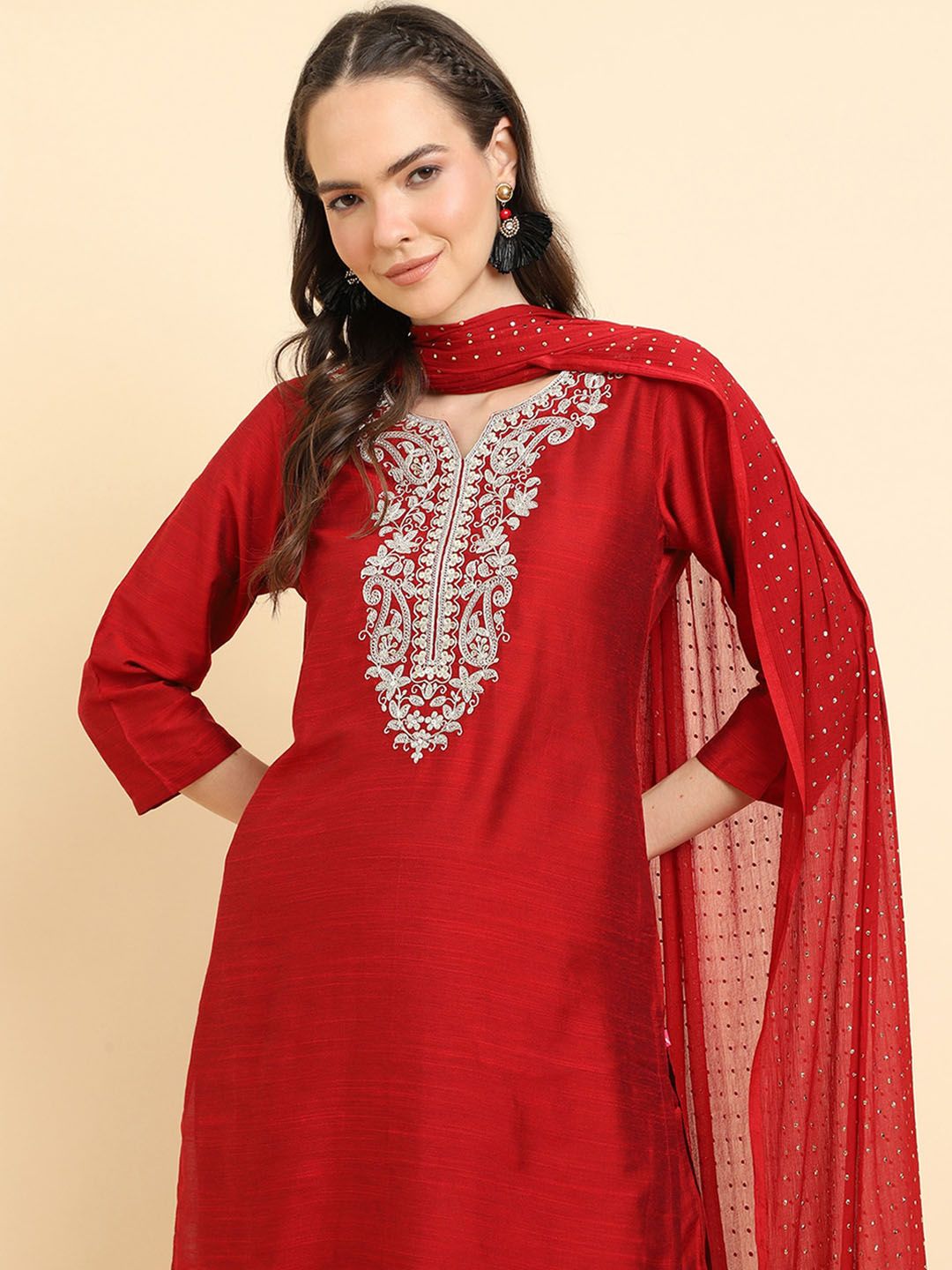 Dhiyona VA Women'sRed Ethnic Motifs Yoke Design Thread Work Kurta Wth Trousers & Dupatta