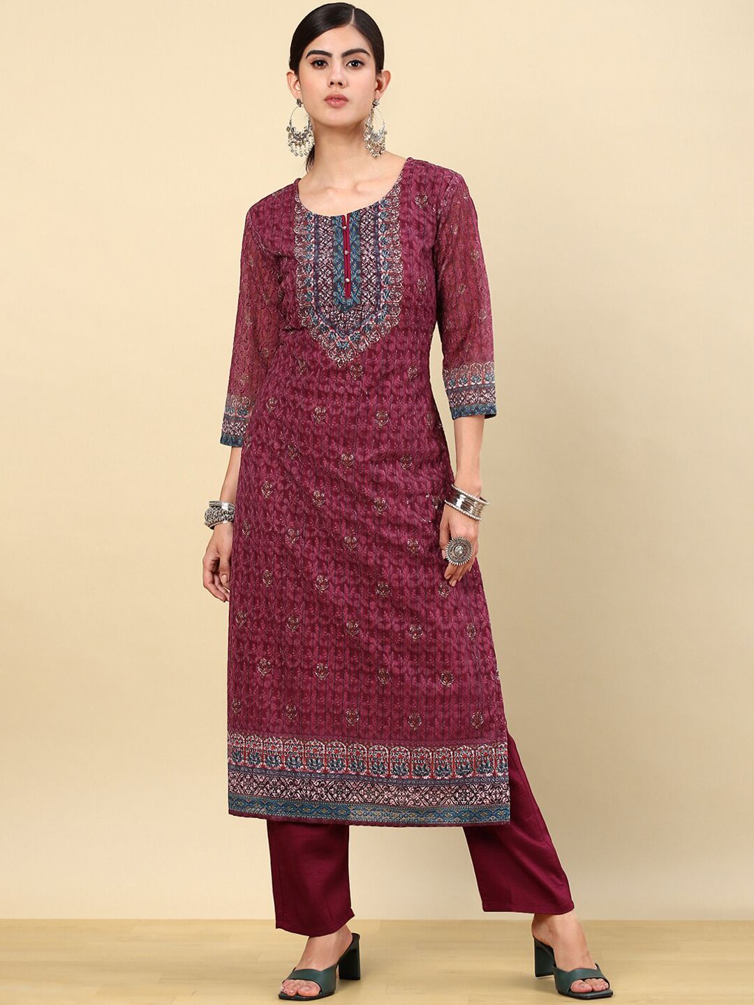 Dhiyona SO Women's Ethnic Motifs Embroidered Thread Work Straight Kurta with Trousers