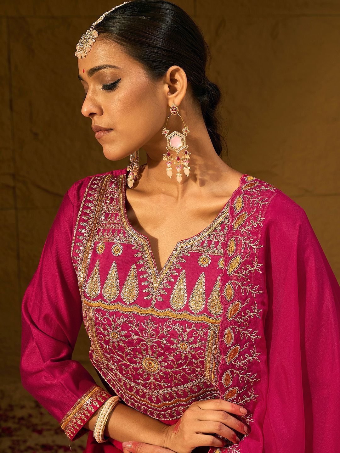 Dhiyona IE Ethnic Motifs Embroidered Sequinned Liva Straight Kurta With Trousers & Dupatta