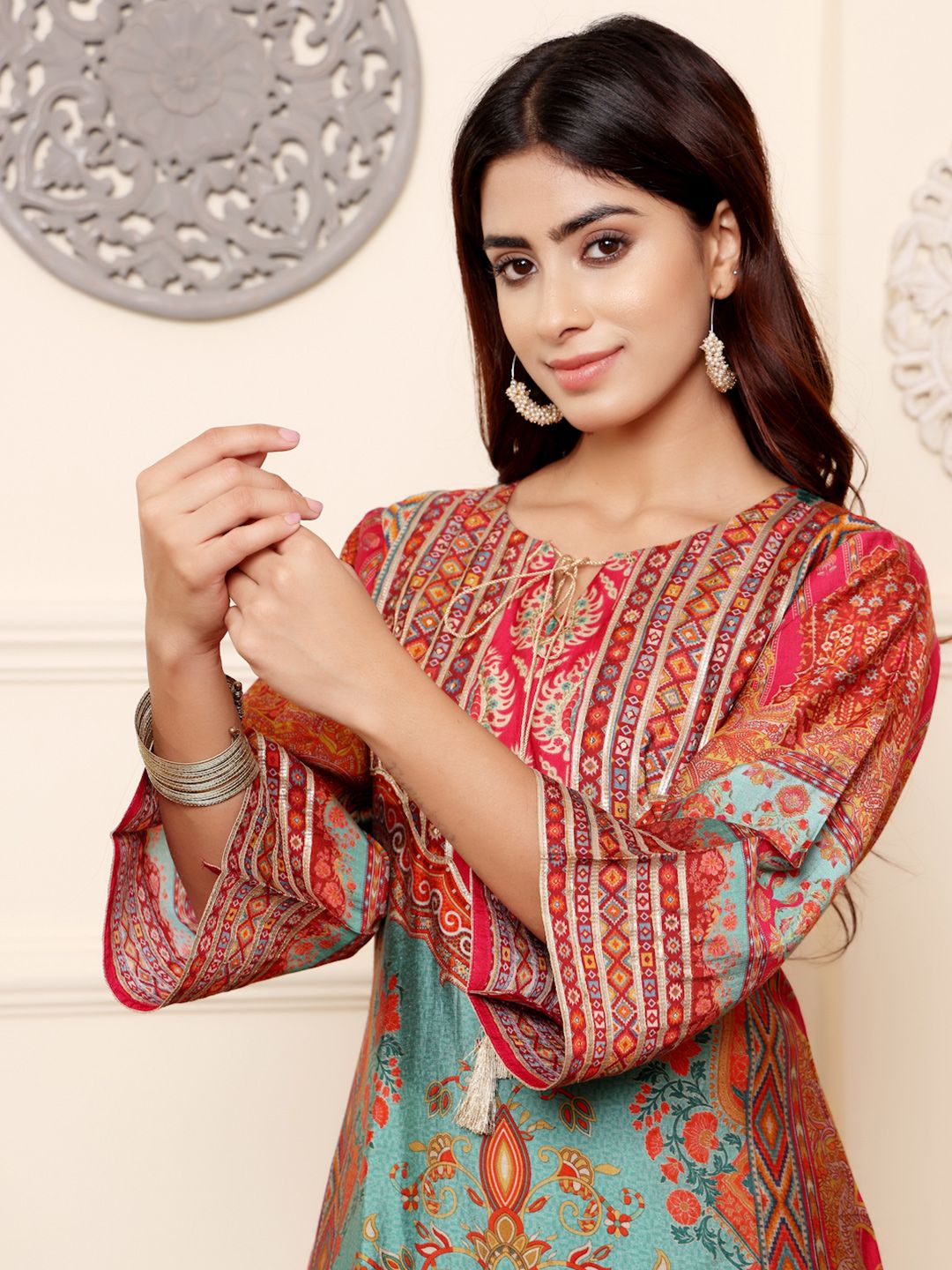 Dhiyona VA Women'sEthnic Motifs Printed Chanderi Silk Kurta With Trousers And Dupatta