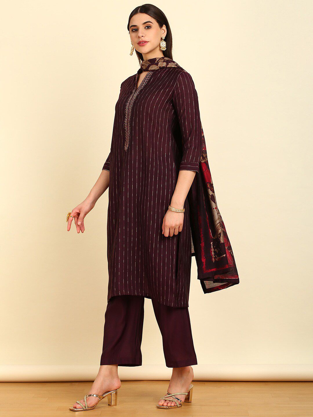 Dhiyona SO Women's Striped Regular Kurta With Palazzos & Dupatta