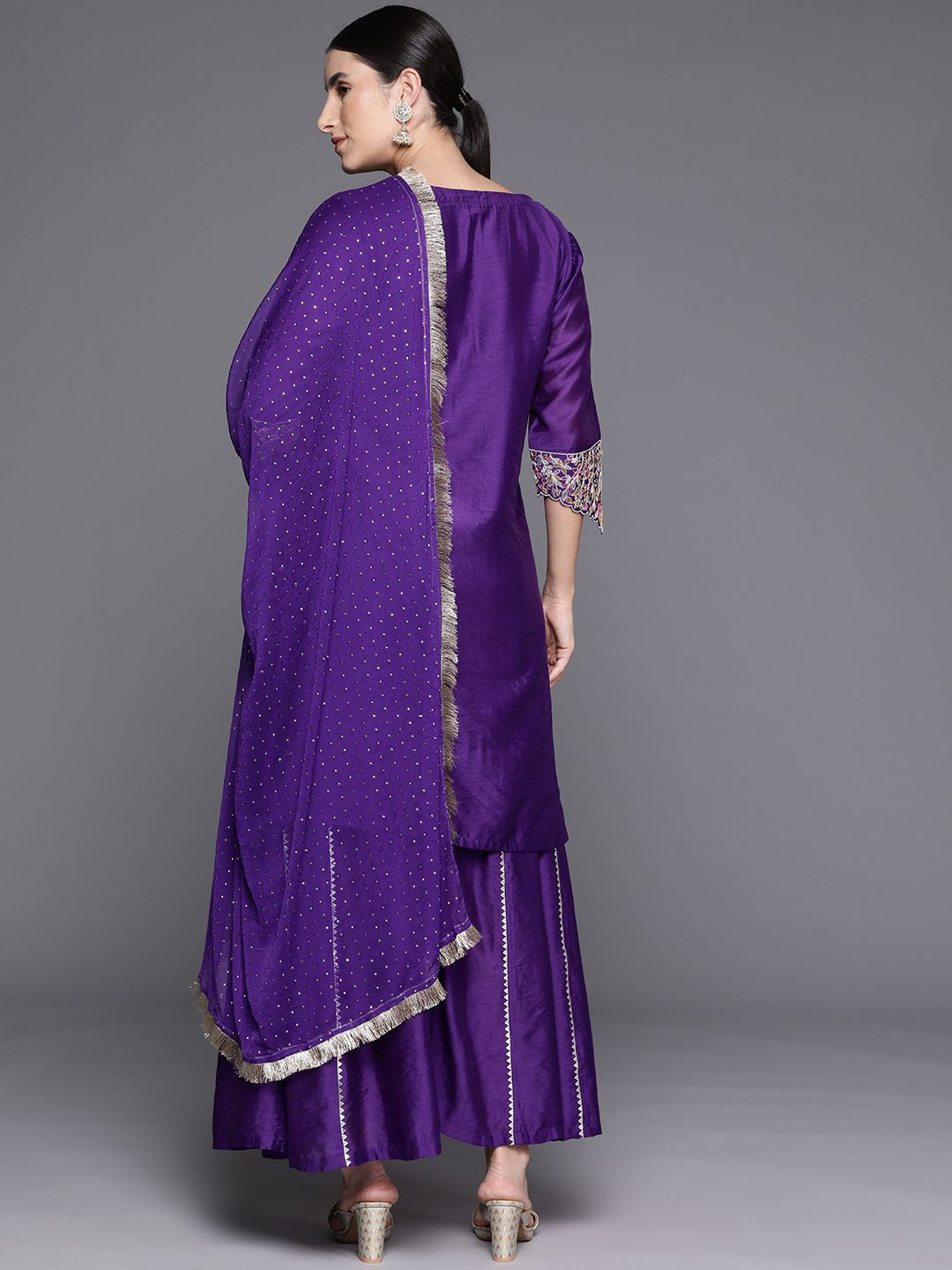Dhiyona VA Women'sFloral Thread Embroidered Sequinned Chanderi Silk Kurta & Palazzos With Dupatta