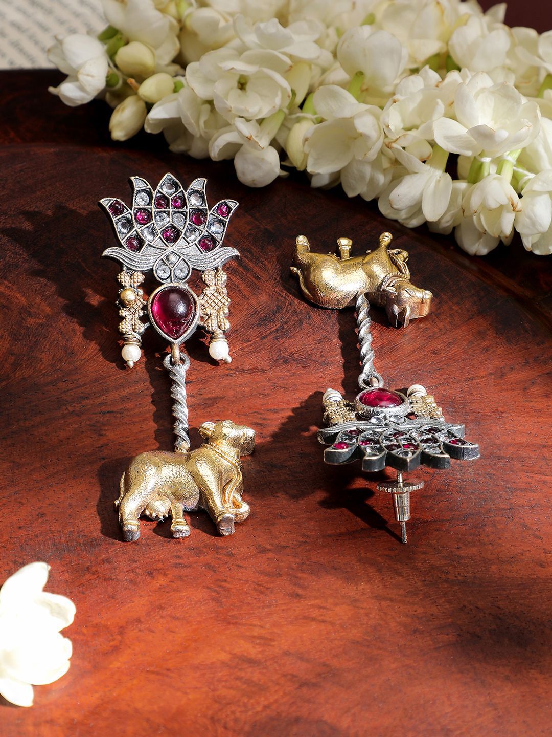 Dhiyona RJ Women's Dual-Tone Oxidised Lotus Motif Drop Earrings with Pink Stone and Gold Cow Charm