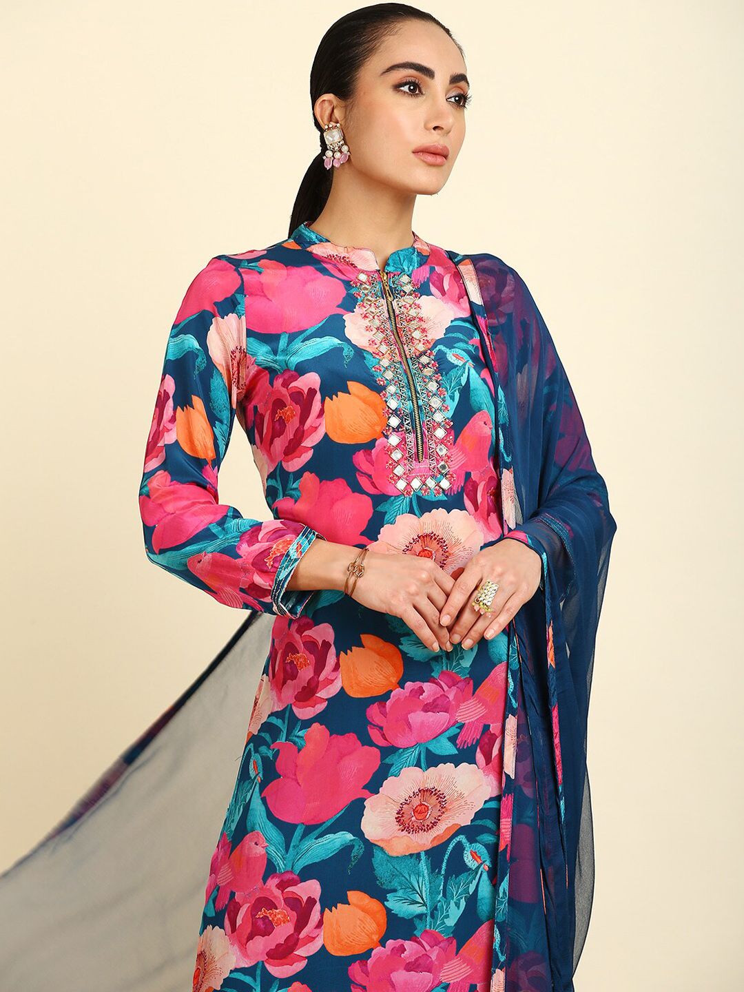 Dhiyona SO Women's Floral Printed Straight Mirror Work Kurta With Trousers & Dupatta
