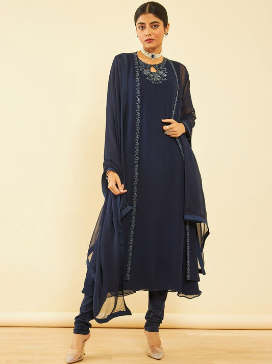Dhiyona SO Women's Blue Yoke Design Keyhole Neck Bead Georgette Kurta with Churidar & Dupatta with Shrug