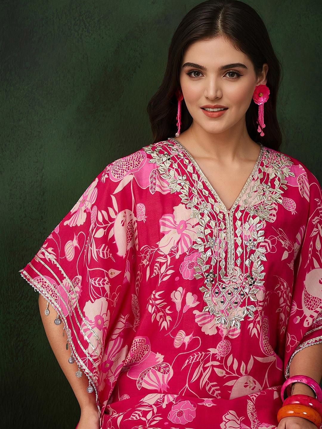 Dhiyona IS Women's Women Ethnic Motifs Print Regular Mirror Work Kaftan Kurta with Trousers