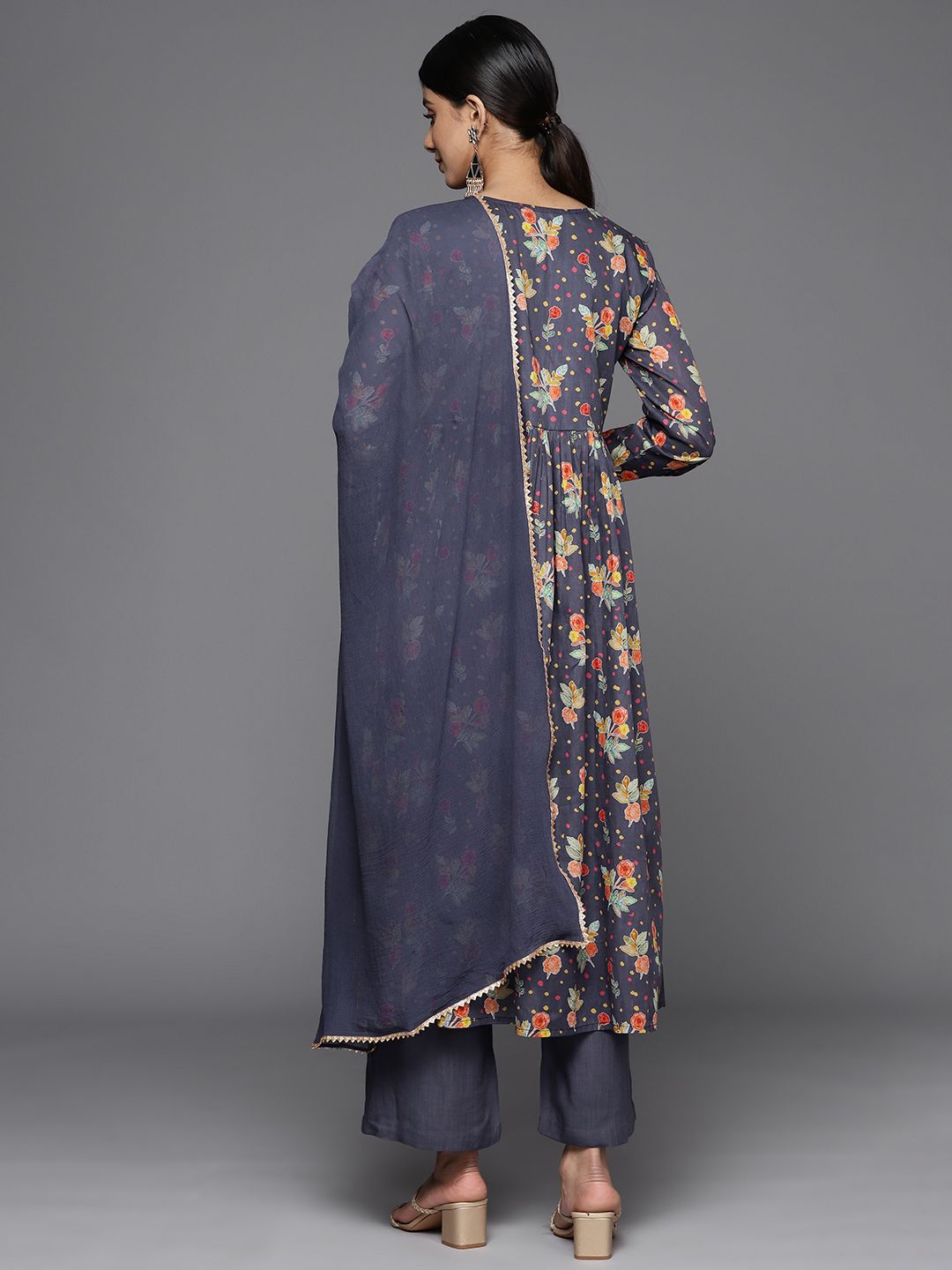 Dhiyona VA Women'sFloral Printed Empire Sequinned Pure Cotton Kurta With Palazzos & With Dupatta