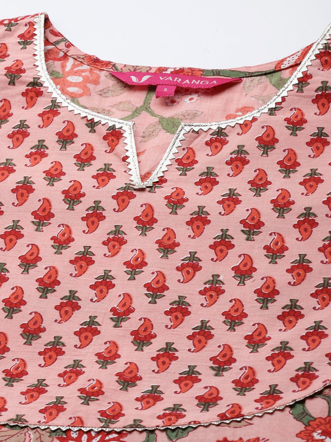 Dhiyona VA Women's Peach-Coloured Floral Printed Empire Gotta Patti Pure Cotton Kurta with Trousers & With