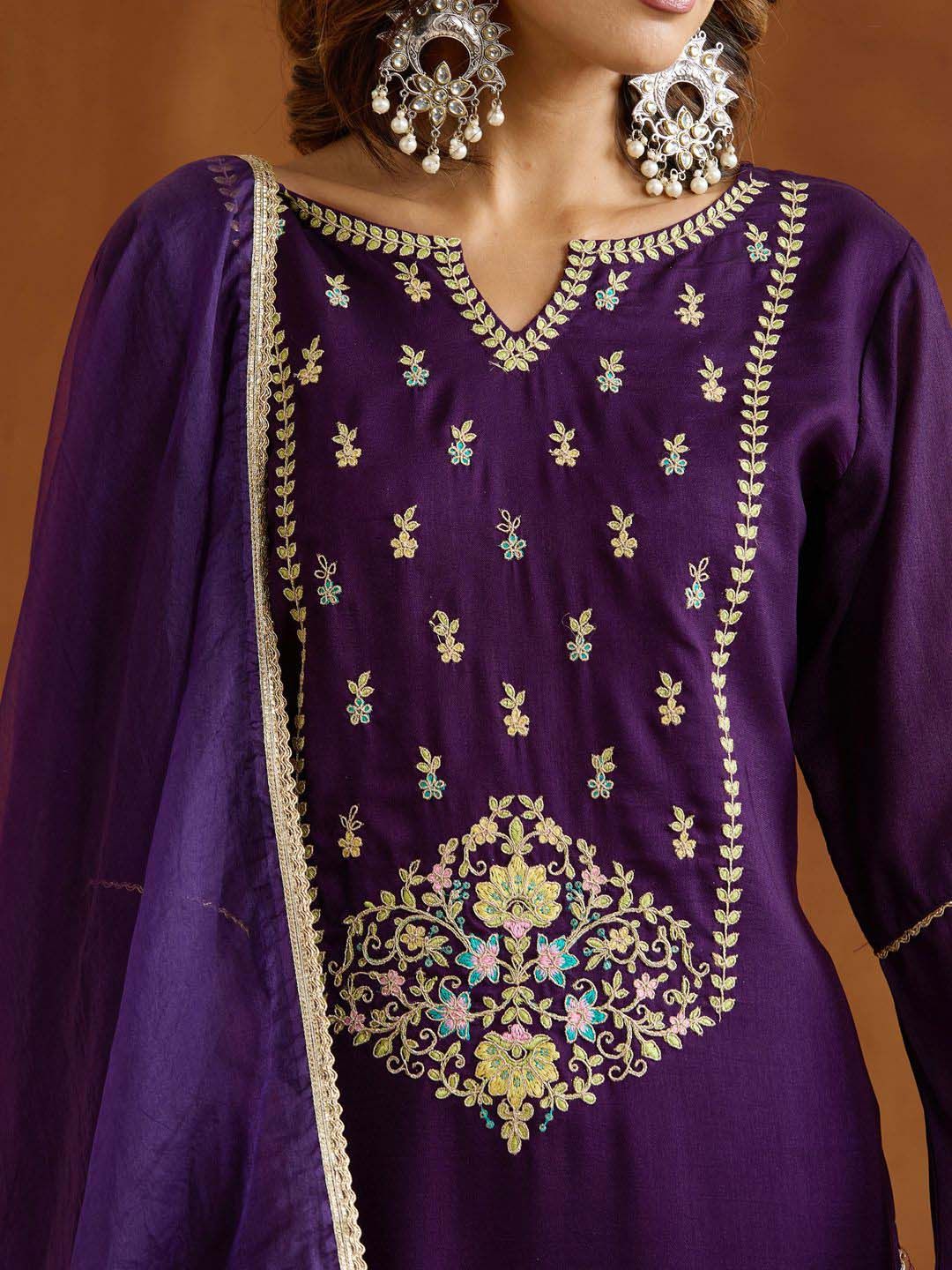 Dhiyona IS Women's Floral Embroidered Yoke Design Notch Neck Kurta With Palazzos And Dupatta