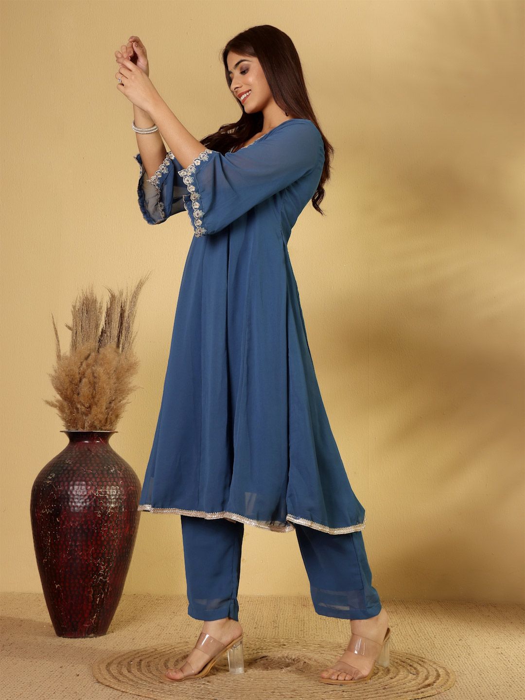Dhiyona VA Women's Panelled Thread Work Anarkali Kurta with Palazzos & Fringed Dupatta