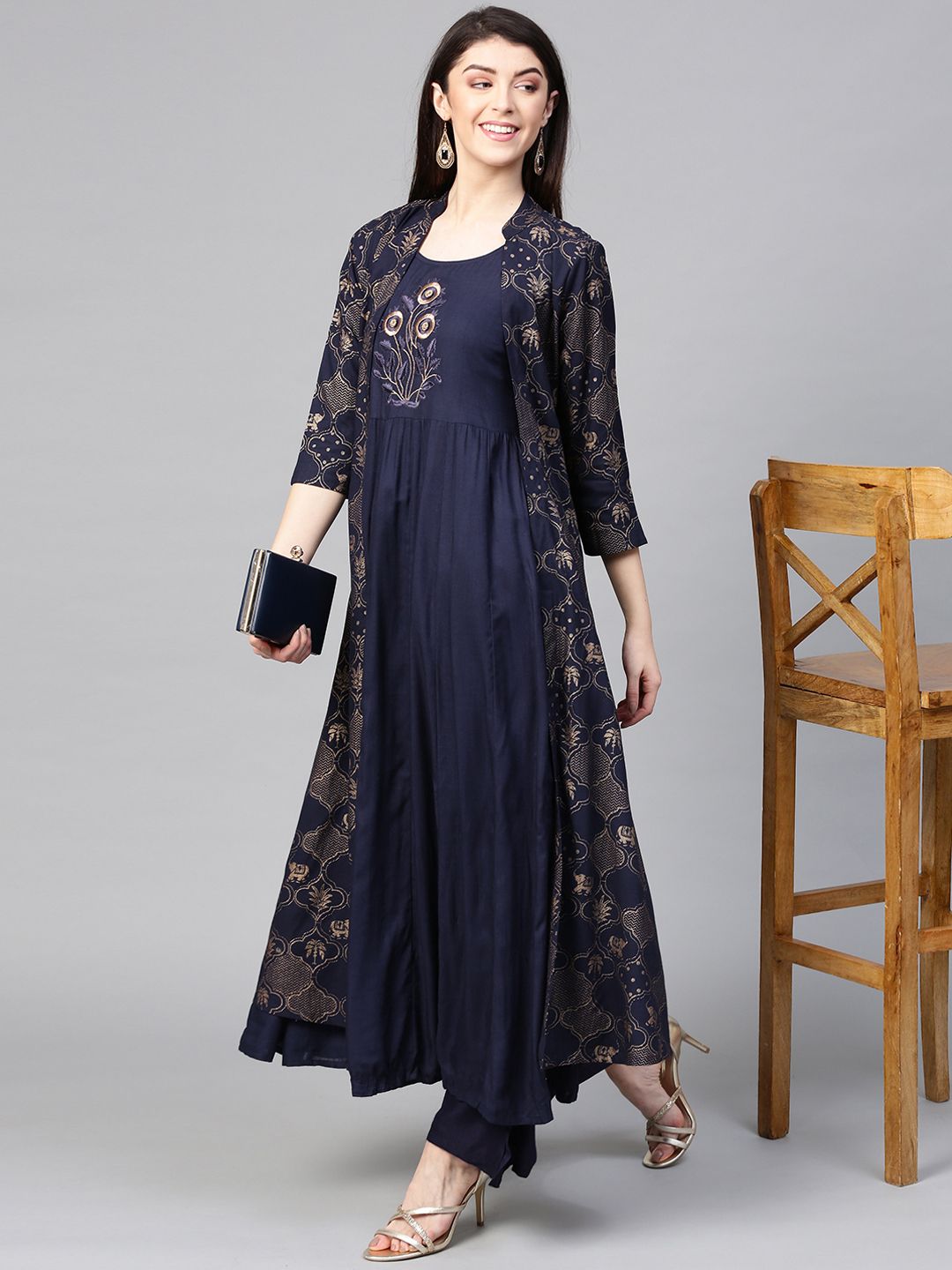 Dhiyona IS Women's Women Navy Blue Printed Kurta with Palazzos