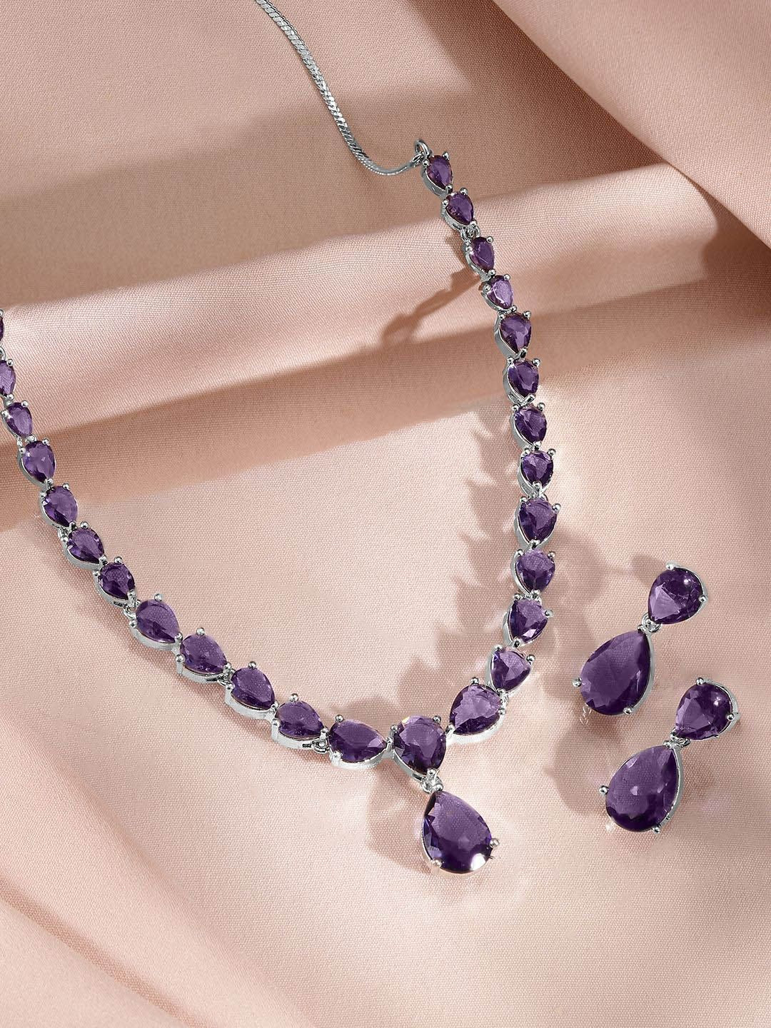 Dhiyona RJ Women's Rhodium-Plated Amethyst Purple AD & Cubic Zirconia Studded Necklace Set