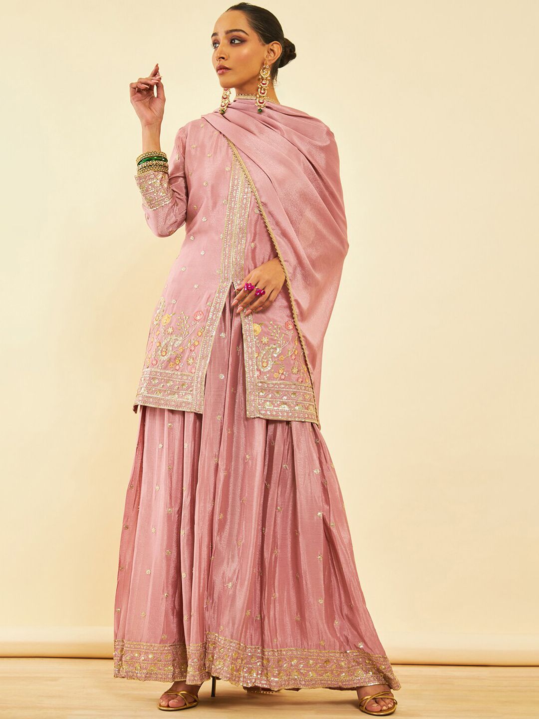Dhiyona SO Women's Alina Cut Pink Ethnic Motifs Embroidered Regular Sequinned Kurta With Palazzos & Dupatta