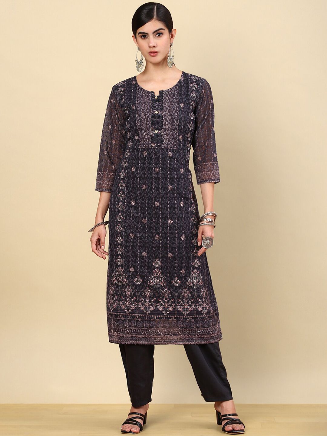 Dhiyona SO Women's Black Ethnic Motifs Printed Thread Work Kurta with Trousers