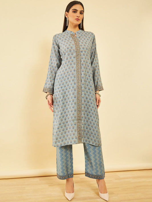 Dhiyona SO Women's Ethnic Motifs Printed Regular Thread Work Kurta with Trousers